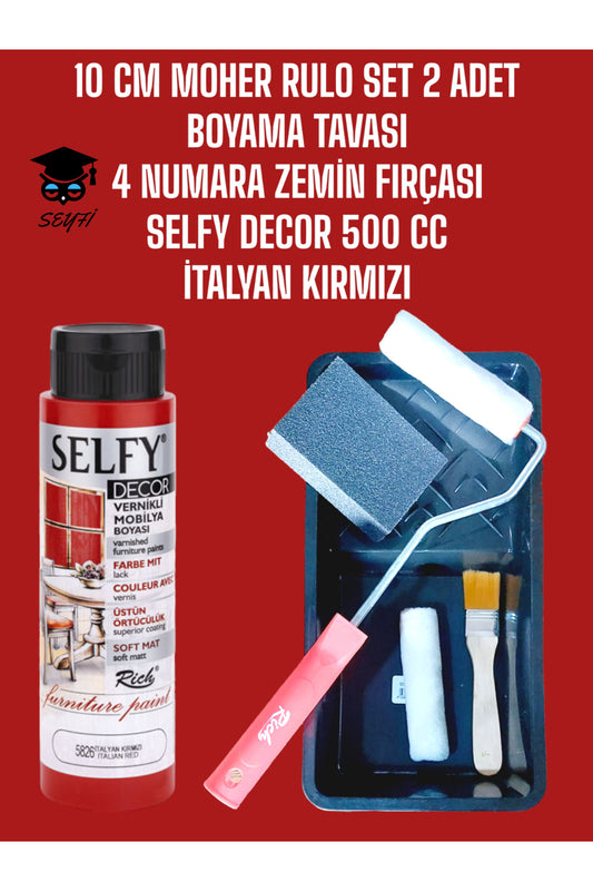 İtalyan Kırmızı Selfy Decor 500 Cc (750 GR) Kendinden Vernikli Akrilik Dolap Boyama Seti Zımpara