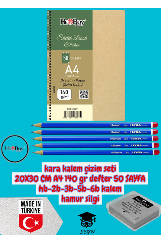 kara kalem çizim seti 20X30 CM A4 140 gr defter 50 SAYFA hb-2b-3b-5b-6b kalem hamur silgi
