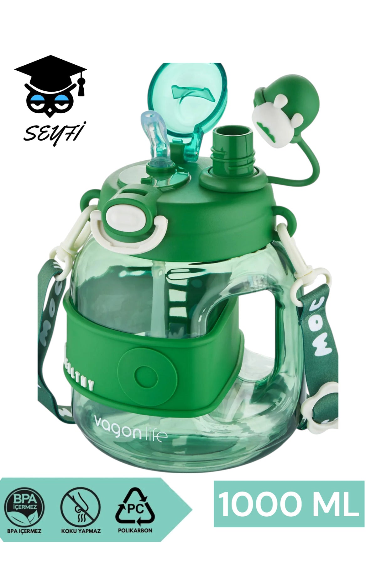 1000 ML Tek Kapak Çift Kullanım Pipetli /Rahat İçim Boyun Askılı Çocuk Su Matarası suluk