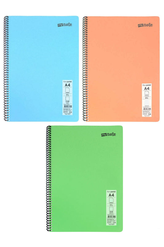 Defter Okul Defteri Spiralli Telli Pp Kapak A4 3 Adet Farklı Renklerde - 60 Sayfa Kareli ( 3 ADET )