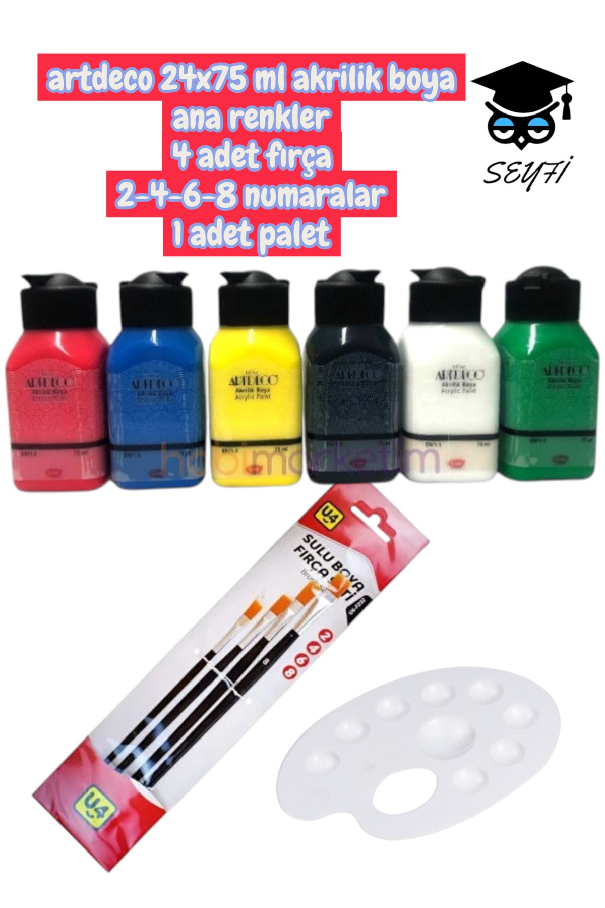 artdeco 6x75 ml akrilik boya ana renkler 4 adet fırça 2-4-6-8 numaralar 1 adet palet