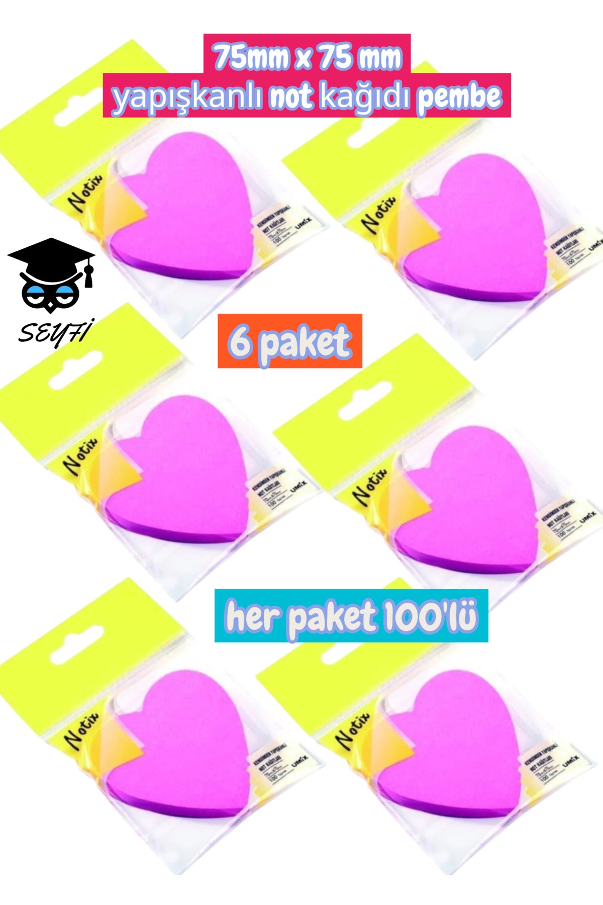 75mm x 75 mm yapışkanlı not kağıdı pembe 6 paket her paket 100 adet