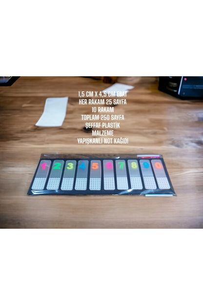1,5 CM X 4,5 CM HER RAKAM 25 SAYFA 10 RAKAM ŞEFFAF PLASTİK MALZEME YAPIŞKANLI NOT KAĞIDI POST-İT