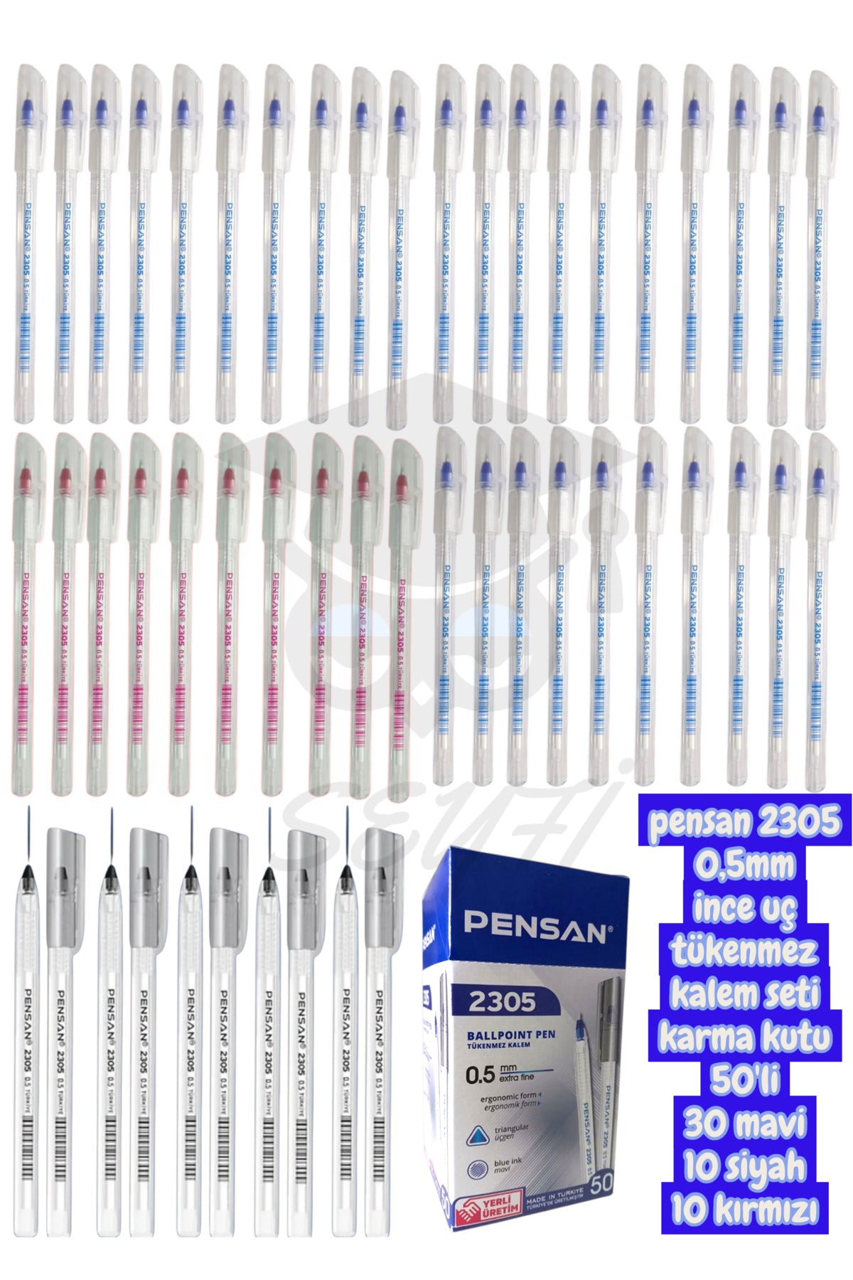 pensan 2305 0,5mm ince uç tükenmez kalem seti karma kutu 50'li 30 mavi 10 siyah 10 kırmızı TÜRK MALI