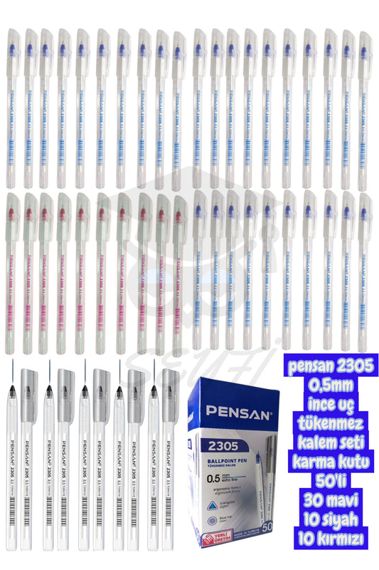 pensan 2305 0,5mm ince uç tükenmez kalem seti karma kutu 50'li 30 mavi 10 siyah 10 kırmızı TÜRK MALI