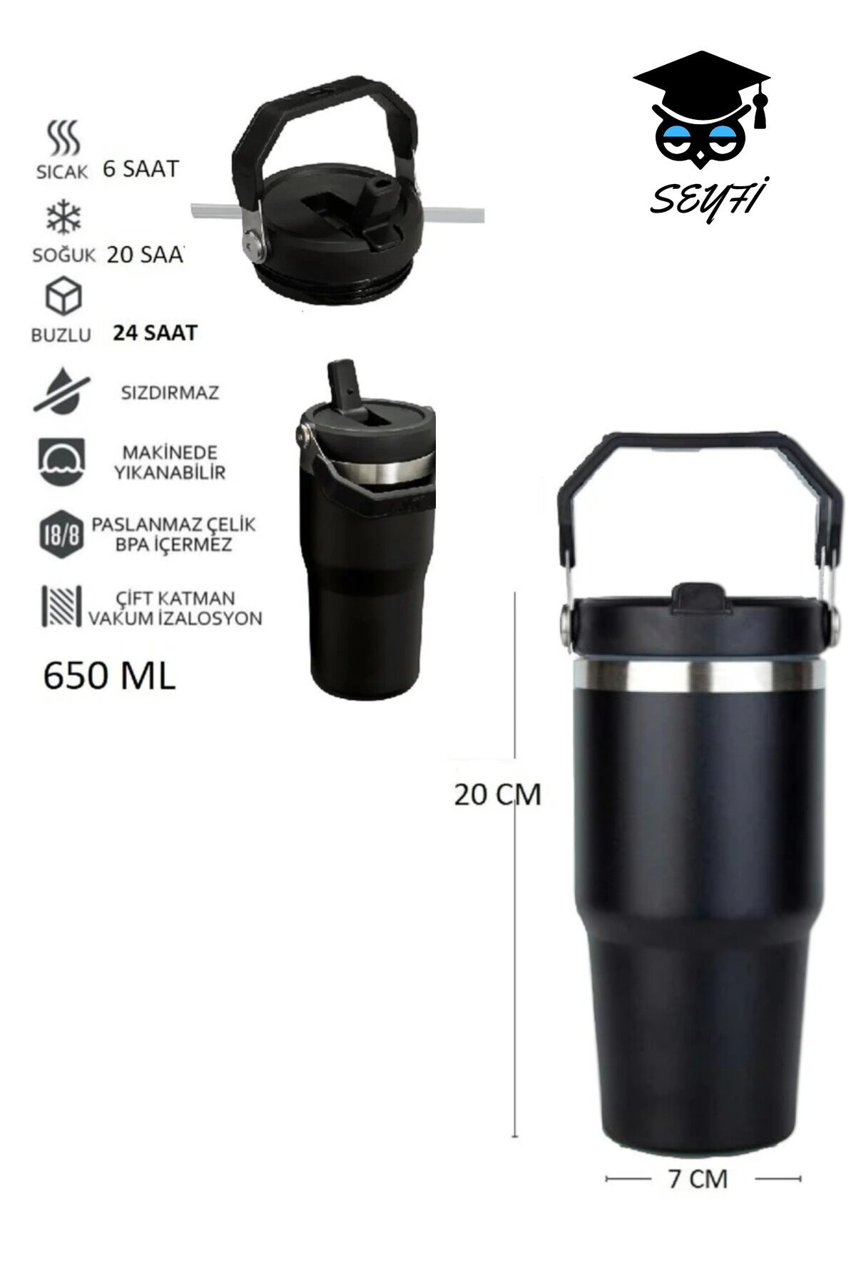 Çelik Termos Pipetli ve Tutmalı Üst Kısmı Geniş 650 ML