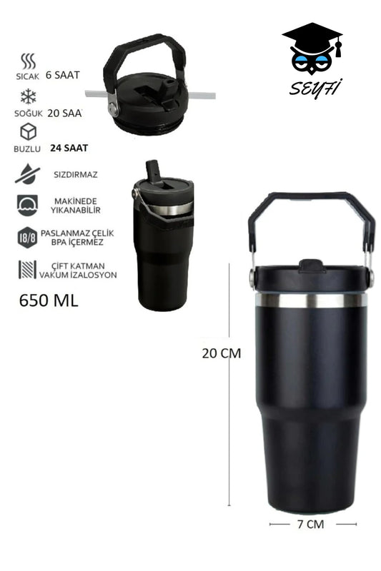 Çelik Termos Pipetli ve Tutmalı Üst Kısmı Geniş 650 ML