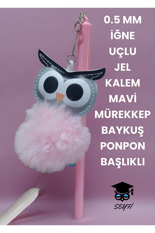 0.5 MM İĞNE UÇLU JEL TÜKENMEZ KALEM MAVİ MÜREKKEP BAYKUŞ PONPON BAŞLIKLI