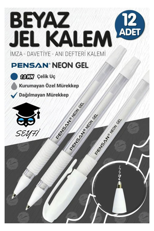 Pensan NEON JEL Kalem Tükenmez Kalem 1 mm Beyaz 12'li