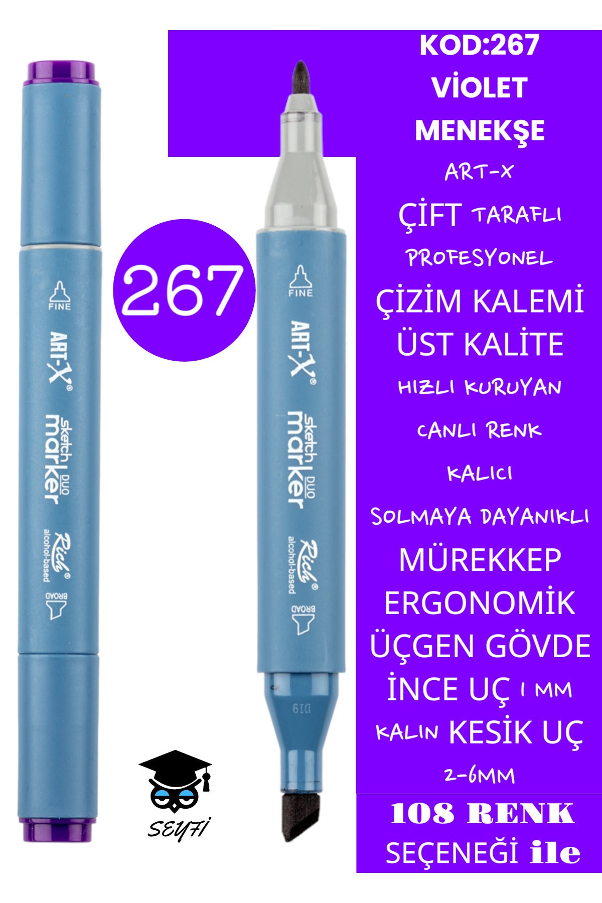 ÇİFT TARAFLI PROFESYONEL ÇİZİM KALEMİ KALICI MÜREKKEP ÜÇGEN GÖVDE İNCE UÇ 1 MM KESİK UÇ 2-6MM SKETCH
