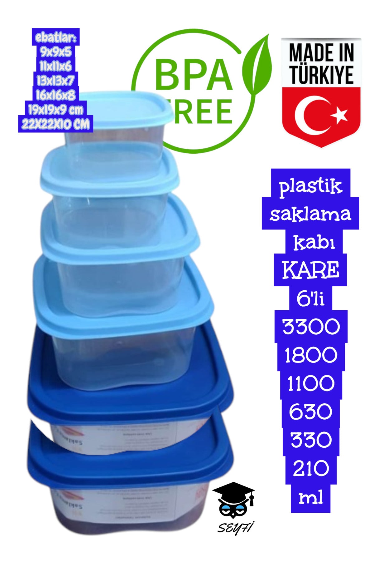 plastik saklama kabı KARE 6'li 3300 1800 1100 630 330 210 ml