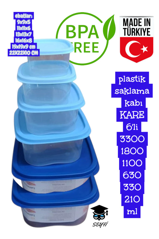 plastik saklama kabı KARE 6'li 3300 1800 1100 630 330 210 ml