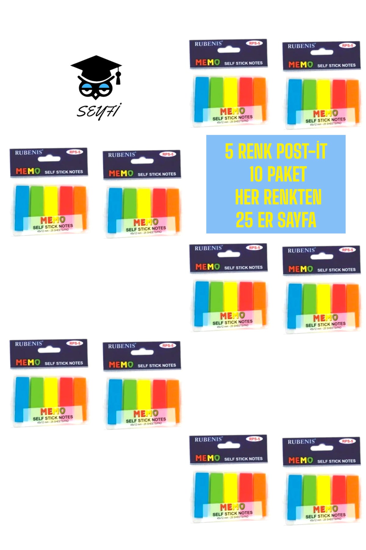 5 RENK POST-İT 10 PAKET HER RENKTEN 25 ER SAYFA