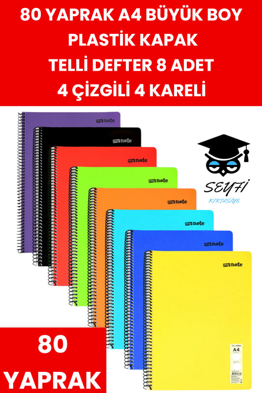 80 YAPRAK A4 TELLİ DEFTER 8 ADET 4 ÇİZGİLİ 4 KARELİ PLASTİK KAPAK