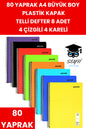 80 YAPRAK A4 TELLİ DEFTER 8 ADET 4 ÇİZGİLİ 4 KARELİ PLASTİK KAPAK