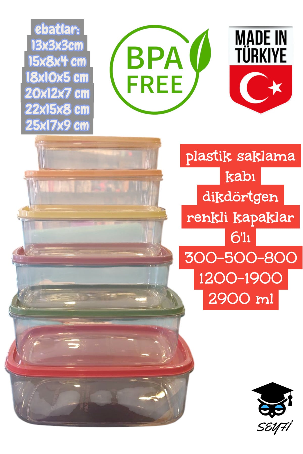 plastik saklama kabı dikdörtgen renkli kapaklar 6'lı 300-500-800-1200-1900-2900 ml