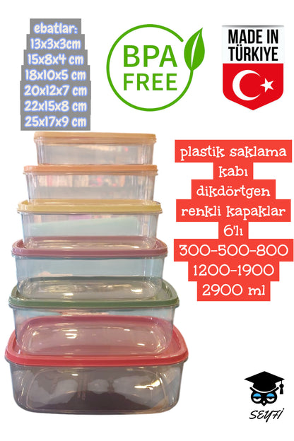 plastik saklama kabı dikdörtgen renkli kapaklar 6'lı 300-500-800-1200-1900-2900 ml