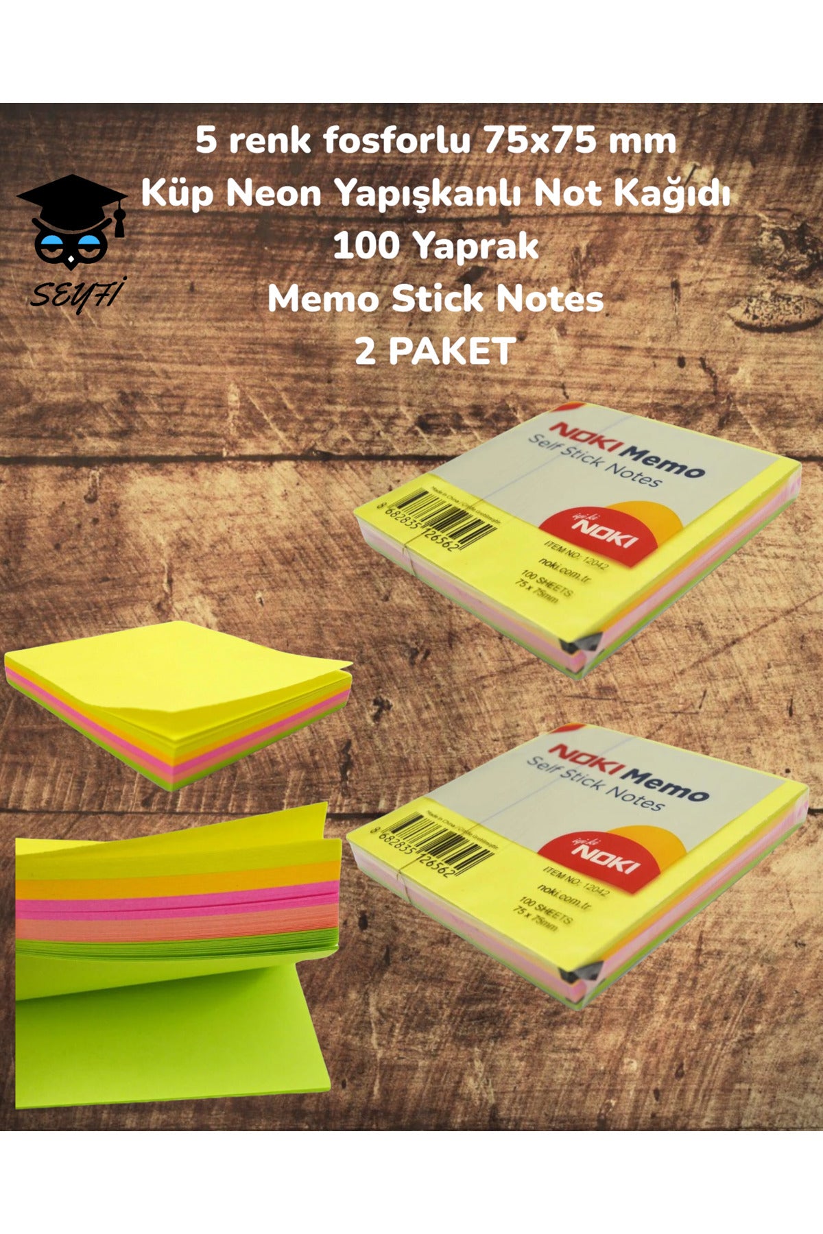 5 renk fosforlu 75x75 mm Küp Neon Yapışkanlı Not Kağıdı 100 Yaprak Memo Stick Notes