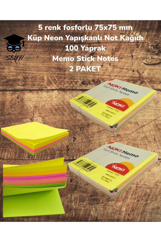 5 renk fosforlu 75x75 mm Küp Neon Yapışkanlı Not Kağıdı 100 Yaprak Memo Stick Notes