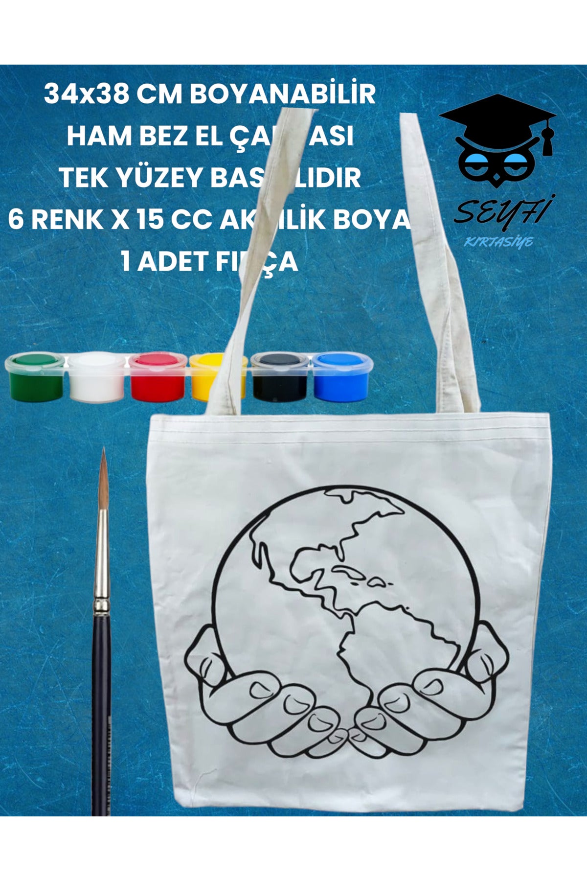 34x38 CM BOYANABİLİR HAM BEZ EL ÇANTASI TEK YÜZEY BASKILIDIR 6 RENK X 15 CC AKRİLİK BOYA 1 FIRÇA