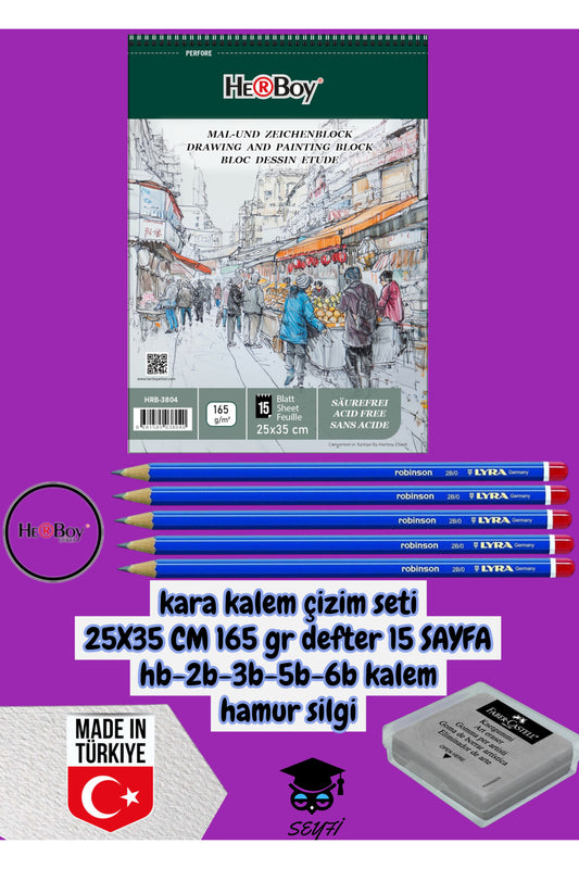 kara kalem çizim seti 25X35 CM 165 gr defter 15 SAYFA hb-2b-3b-5b-6b kalem hamur silgi herboy