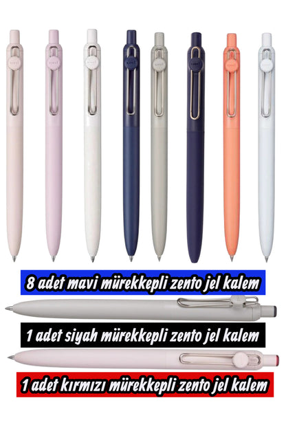 uniball zento 10'lu set jel tükenmez kalem 8 mavi mürekkep 1 siyah 1 kırmızı mürekkep 0.7 mm
