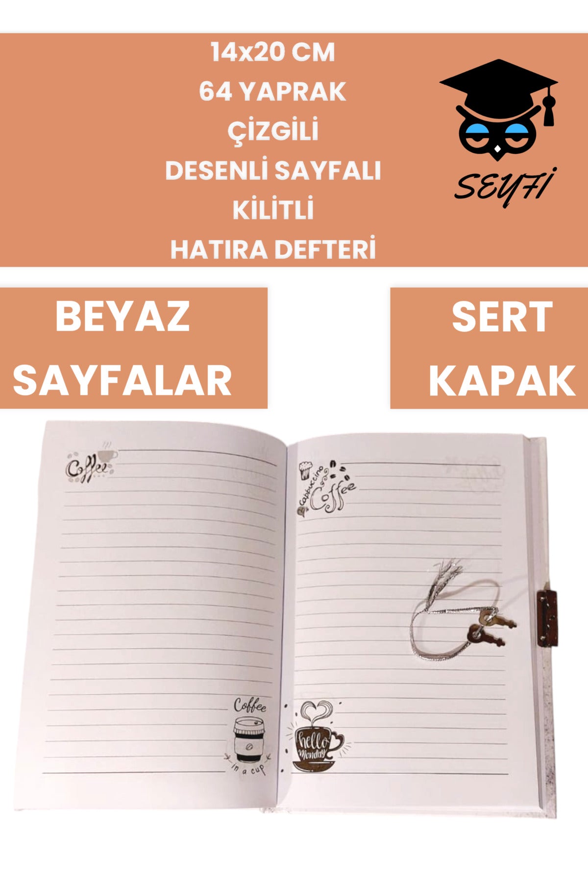 14x20 CM 64 YAPRAK ÇİZGİLİ DESENLİ SAYFALI KİLİTLİ HATIRA DEFTERİ GÜNLÜK KAHVE SERİ COFFEE NOTEBOOK