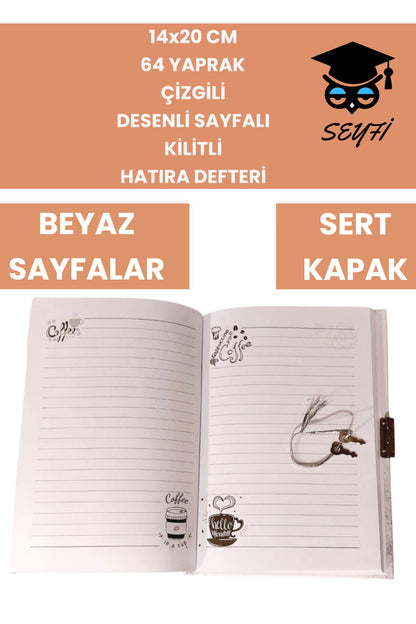 14x20 CM 64 YAPRAK ÇİZGİLİ DESENLİ SAYFALI KİLİTLİ HATIRA DEFTERİ GÜNLÜK KAHVE SERİ COFFEE NOTEBOOK