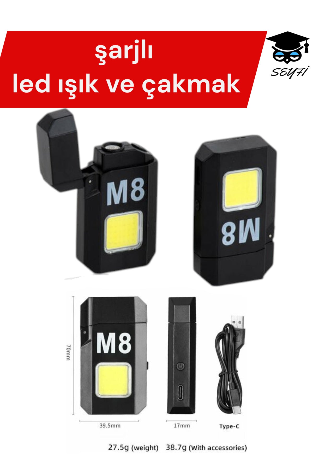 şarjlı led ışık ve çakmak