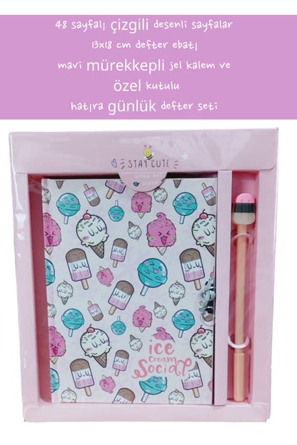 48 sayfalı çizgili desenli sayfalar 13x18 cm defter ebatı mavi mürekkepli jel kalem özel kutulu