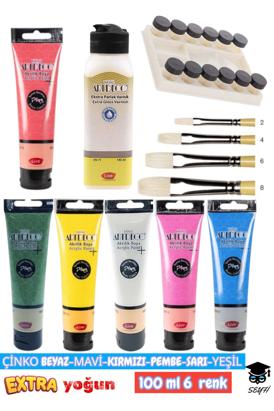 6 RENK 100 ML EKSTRA YOĞUN AKRİLİK BOYA SETİ 140 CC PARLAK VERNİK ŞİŞELİ PALET 4 ADET FIRÇA