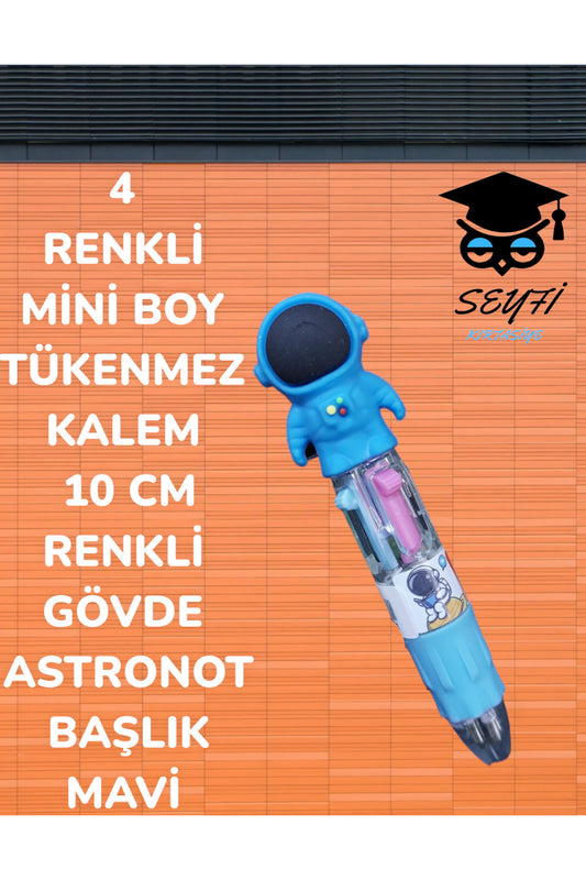 4 RENKLİ MİNİ BOY TÜKENMEZ KALEM 10 CM RENKLİ GÖVDE ASTRONOT BAŞLIK