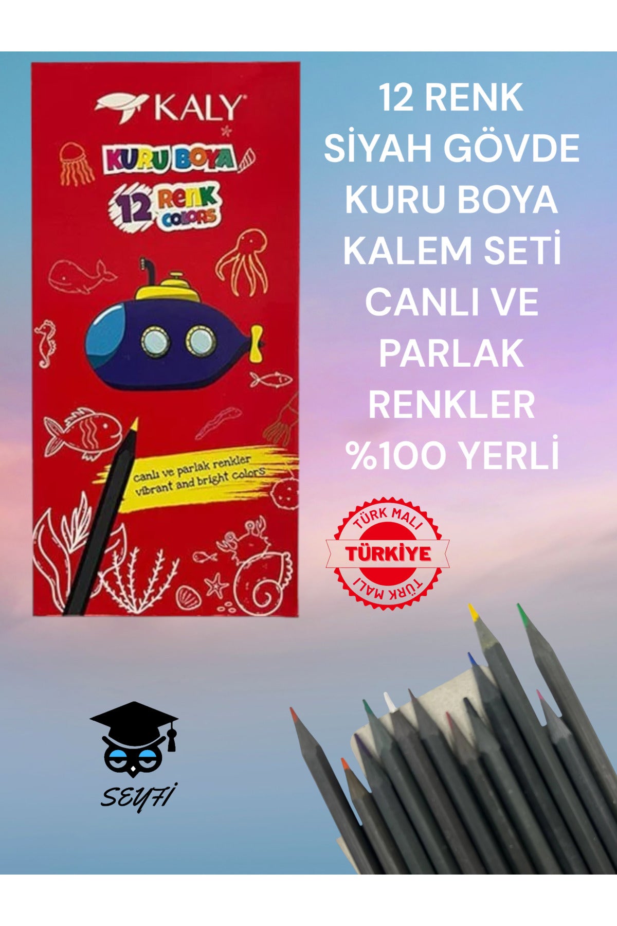 12 RENK SİYAH GÖVDE KURU BOYA KALEM SETİ CANLI VE PARLAK RENKLER %100 YERLİ