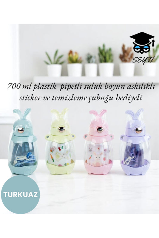 700 ml plastik pipetli suluk boyun askılıklı sticker ve temizleme çubuğu hediyeli
