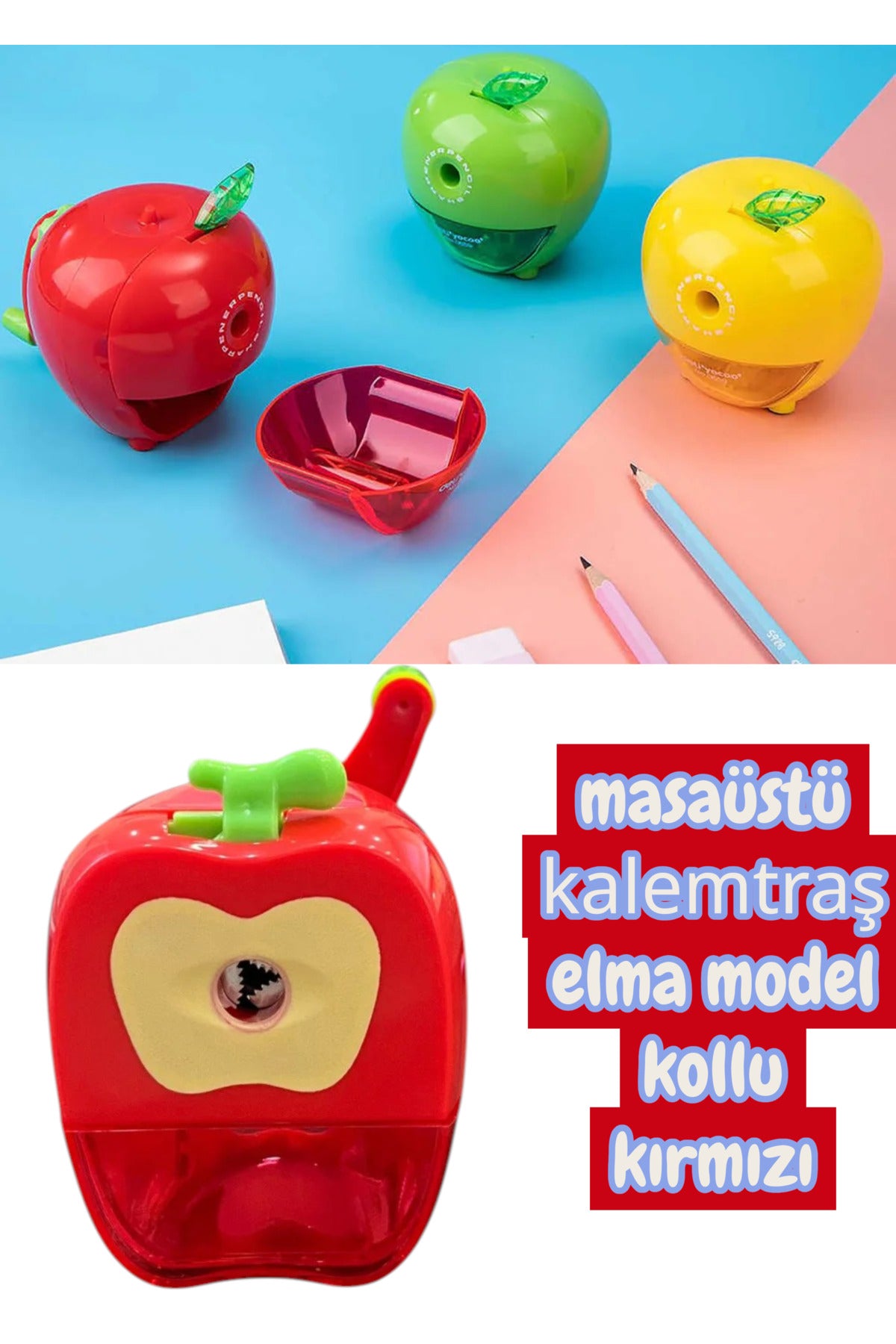 masaüstü kollu kalemtraş elma model kırmızı