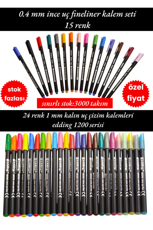 24 renk 1 mm kalın uç çizim kalemleri edding 1200 serisi 0.4 mm ince uç fineliner kalem seti 15 renk