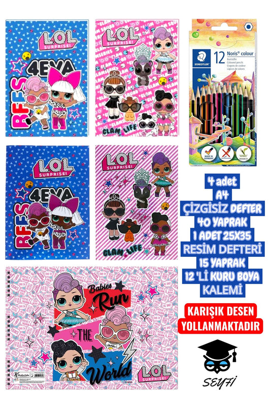 4 adet A4 ÇİZGİSİZ DEFTER 40 YAPRAK 1 ADET 25X35 RESİM DEFTERİ 15 YAPRAK 12 'Lİ KURU BOYA KALEMİ