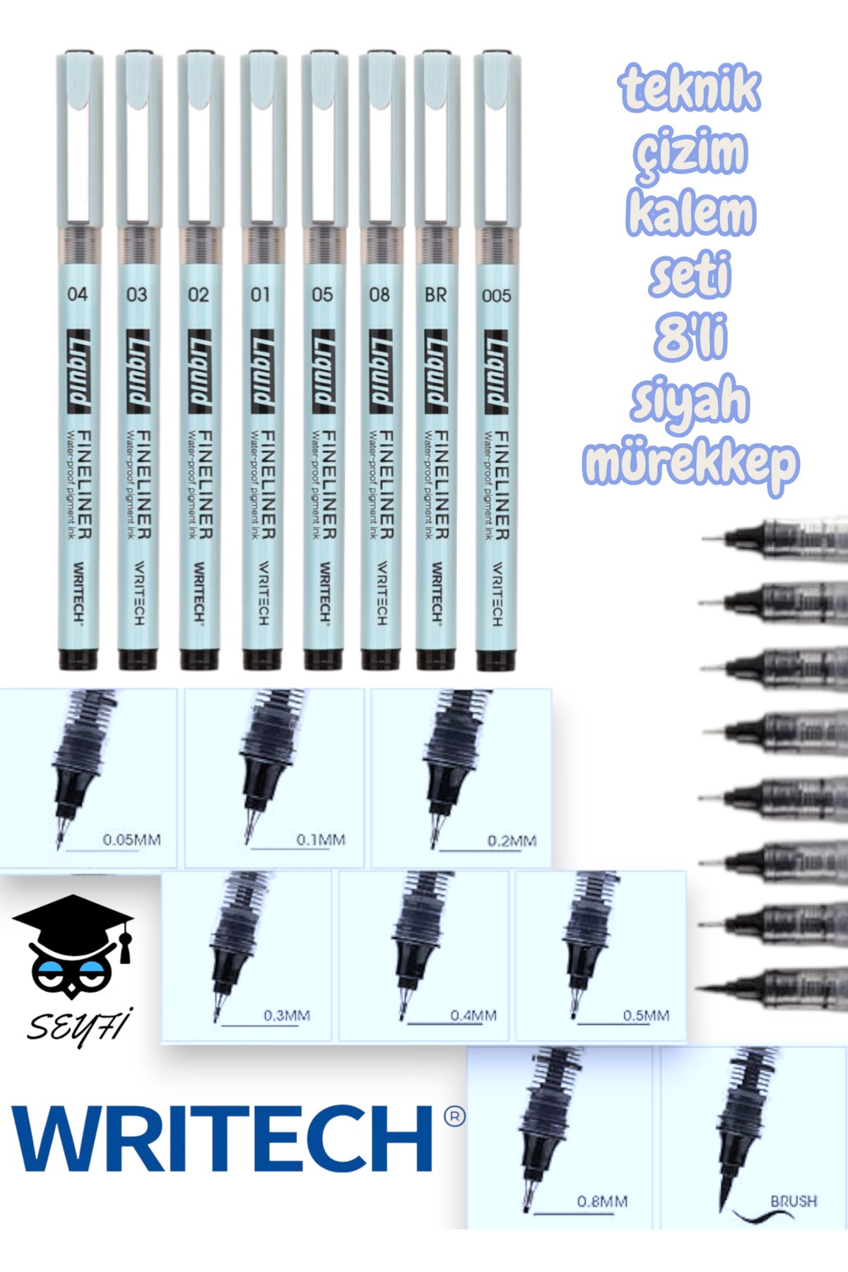 teknik çizim kalem seti 8'li siyah mürekkep drawing set writech
