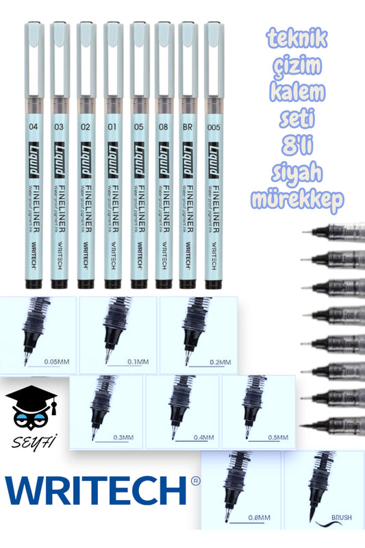 teknik çizim kalem seti 8'li siyah mürekkep drawing set writech
