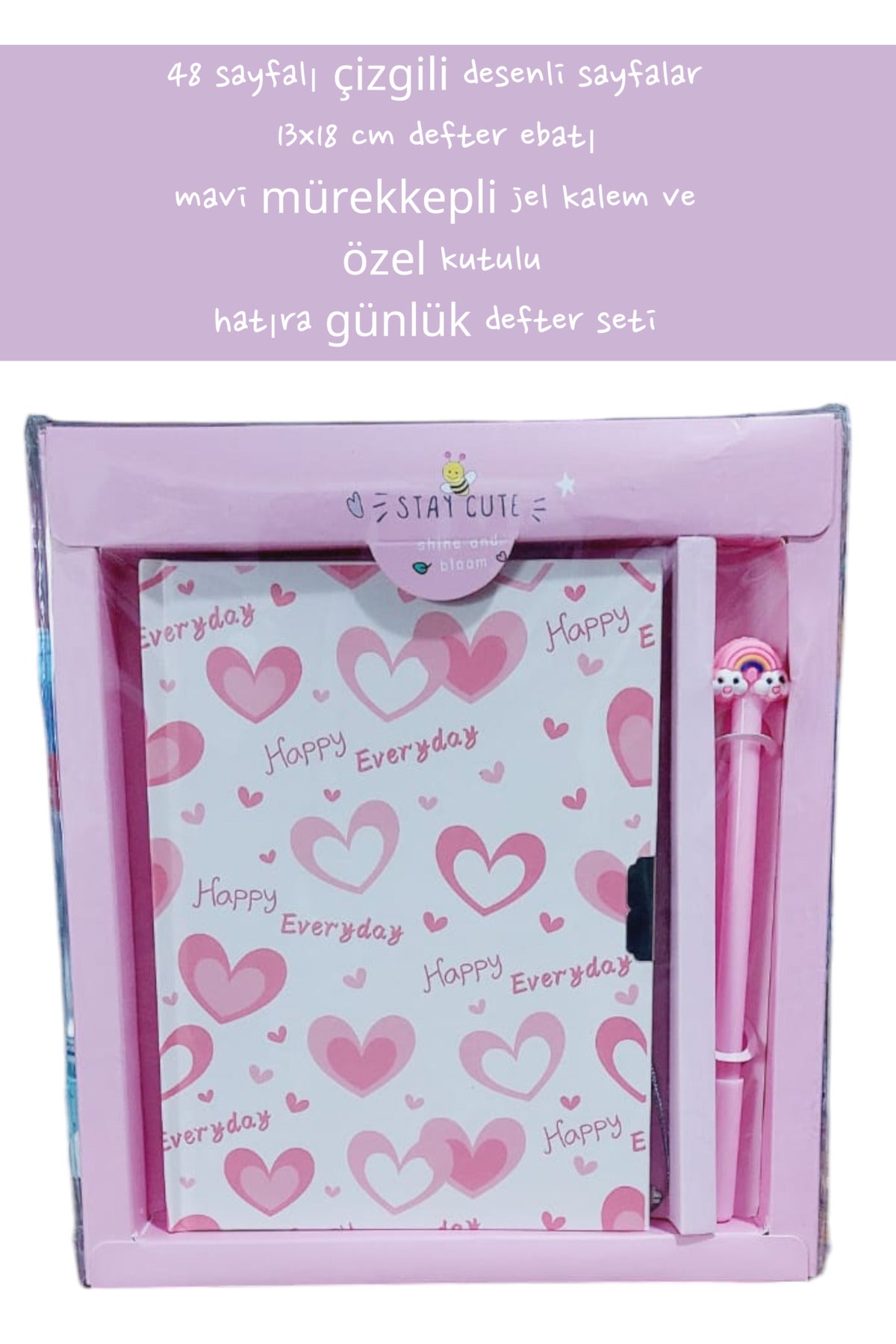 48 sayfalı çizgili desenli sayfalar 13x18 cm defter ebatı mavi mürekkepli jel kalem özel kutulu