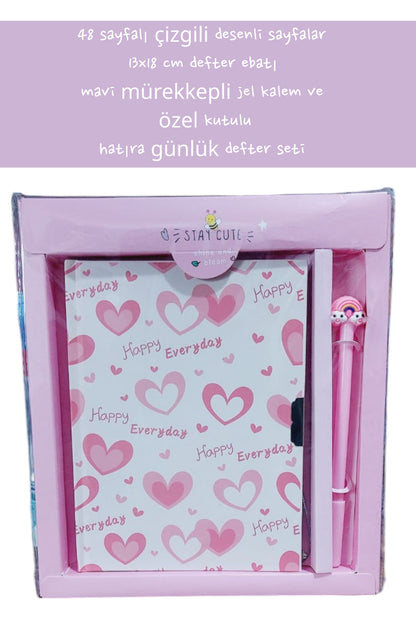 48 sayfalı çizgili desenli sayfalar 13x18 cm defter ebatı mavi mürekkepli jel kalem özel kutulu