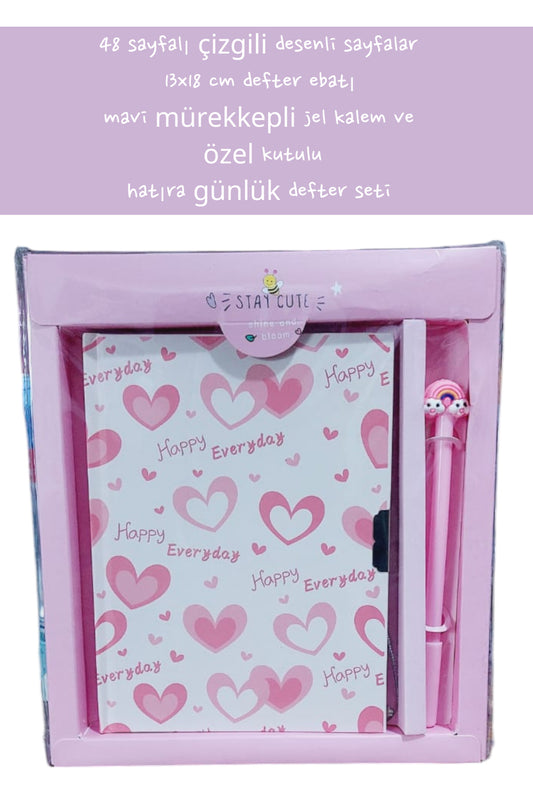 48 sayfalı çizgili desenli sayfalar 13x18 cm defter ebatı mavi mürekkepli jel kalem özel kutulu