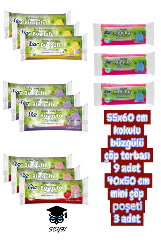 55x60 cm kokulu büzgülü çöp torbası 9 adet 40x50 cm mini çöp poşeti 3 adet