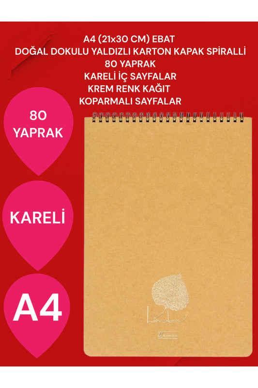 KARELİ A4 (21x30 CM) 80 YAPRAK KARTON KAPAK SPİRALLİ KREM RENK SAYFALAR ÜSTTEN AÇILIR LİNDEN