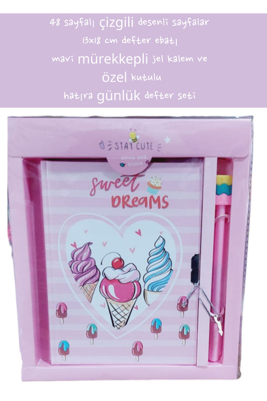 48 sayfalı çizgili desenli sayfalar 13x18 cm defter ebatı mavi mürekkepli jel kalem özel kutulu