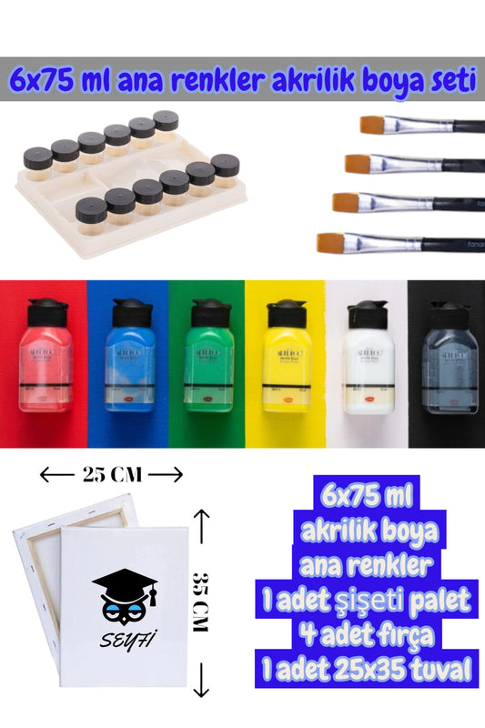 6x75 ml akrilik boya ana renkler 1 adet şişeti palet 4 adet fırça 1 adet 25x35 tuval