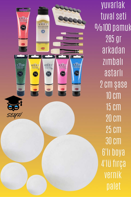yuvarlak tuval seti %100 pamuk 285 gr arkadan zımbalı astarlı 2 cm şase ve ekstra yoğun akrilik seti