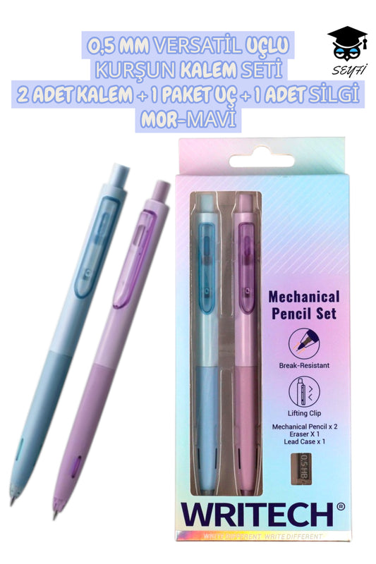 0,5 MM VERSATİL UÇLU KURŞUN KALEM SETİ 2 ADET KALEM + 1 PAKET UÇ + 1 ADET SİLGİ MOR-MAVİ WRİTECH