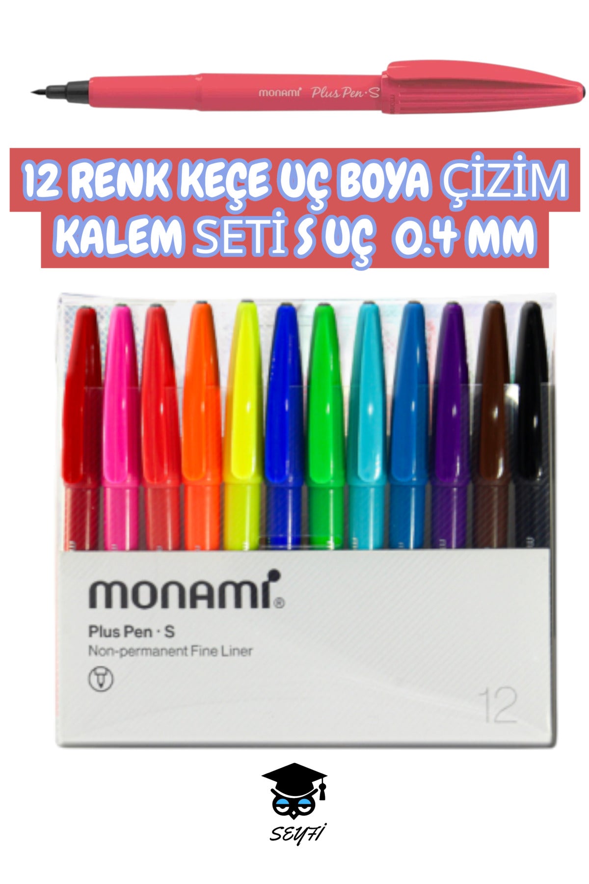 MONAMİ 12 RENK KEÇE UÇ BOYA ÇİZİM KALEM SETİ S UÇ 0.4 MM