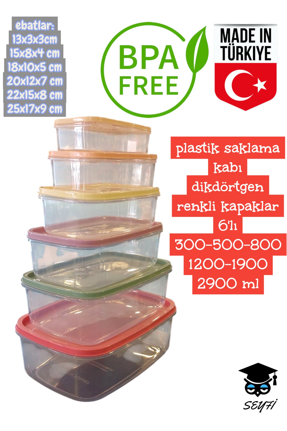 plastik saklama kabı dikdörtgen renkli kapaklar 6'lı 300-500-800-1200-1900-2900 ml